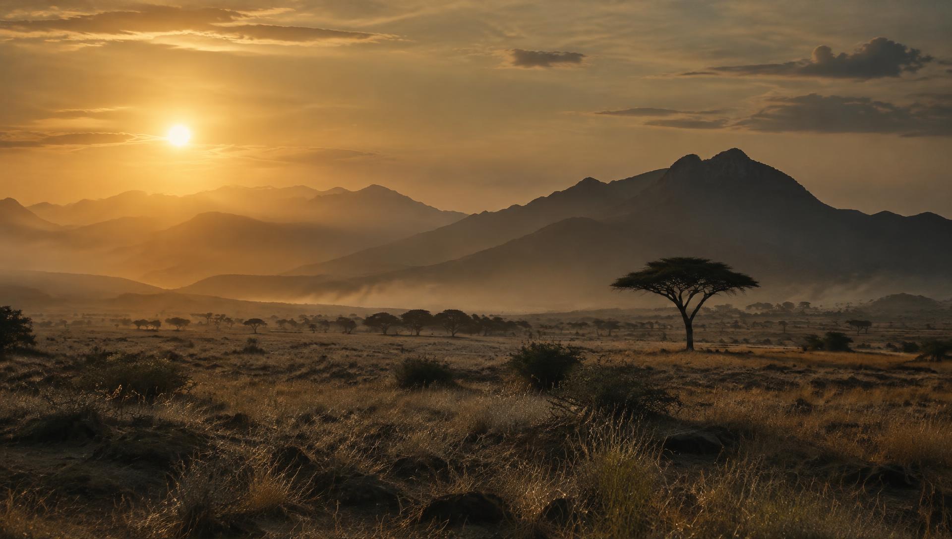African landscape at golden hour with a lone acacia tree and distant mountains