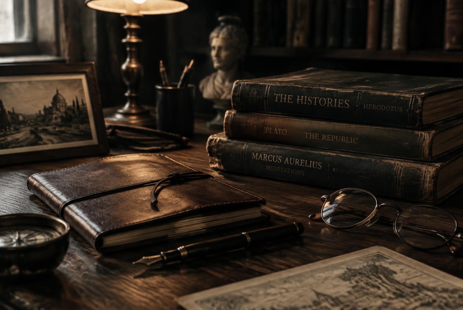 Desk with open books, a notebook and a reading lamp in low light