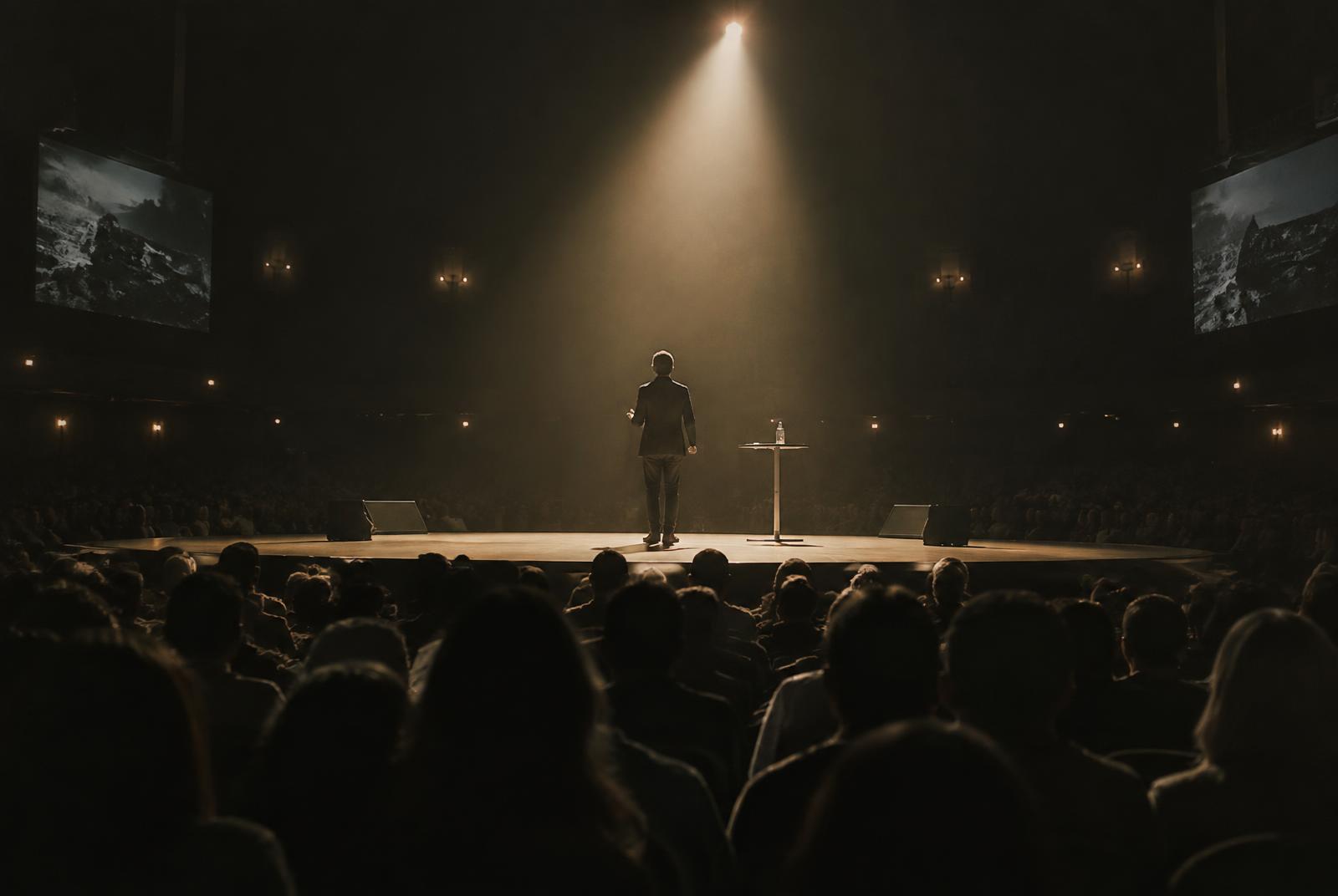 A speaker on stage before an audience