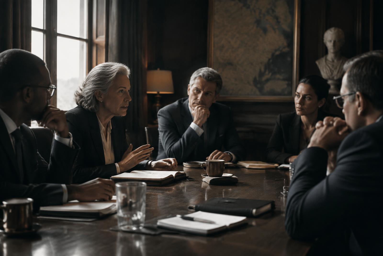 Leaders in conversation around a long table in a dimly lit room